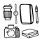 Set of creative artist freelance photographer in doodle style Vector outline illustration. Coffee, clock, notebook, pen, pencil,