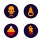Set of creepy funny halloween horror icons with skull ice cream pumpkin and cake. Round stickers on white background. Cartoon