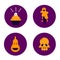 Set of creepy funny halloween horror icons with skull ice cream pumpkin and cake. Round stickers on white background. Cartoon