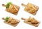 Set with crispy delicious samosas on white background