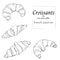 Set of croissants cut out on a white background. Black and white vector hand drawn sketch french pastries. Contour drawing for