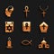 Set Cross ankh book, Christian fish, Church building, Pope hat, Burning candle, Jewish calendar, cross on chain and Yin