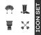 Set Crossed arrows, Indian headdress with feathers, Drum and Cowboy boot icon. Vector