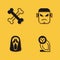 Set Crossed bones, Owl bird, Funny and scary ghost mask and Frankenstein face icon with long shadow. Vector