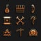 Set Crossed human bones, Pickaxe, Ancient coin, Magic wand, King crown, Decree, parchment, scroll, Medieval bow and Lute