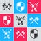 Set Crossed medieval axes, Shield and Medieval shield with crossed swords icon. Vector.