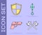 Set Crossed medieval axes, Shield, Pistol or gun and Japanese ninja shuriken icon. Vector