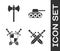 Set Crossed medieval sword, Medieval axe, Medieval shield with crossed swords and Military tank icon. Vector