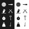 Set Crossed pirate swords, Pirate parrot, coin, Spyglass telescope lens, Bomb ready to explode, key, and sack icon