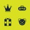 Set Crown, Clown head, Gift box and Home stereo with two speakers icon. Vector