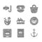 Set Cruise ship, Anchor, Ship porthole with seascape, Coconut cocktail, Beach bag and Diving mask and snorkel icon