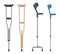 Set of crutches: elbow, telescopic metal, wooden canes. Medical equipment for rehabilitation