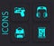 Set Cryogenic capsules, Futuristic weapon, Headphones and Cloud database icon. Black square button. Vector