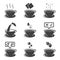 Set of cup icons with tea or coffee. Various options for joint consumption and dessert options to them. Cookies, creams