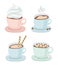 Set of a cup with saucer of hot coffee or chocolate with whipped cream, drawing of heart, wafer, small marshmallow, cookies. Steam