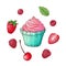 Set cupcake raspberry strawberry cherry, hand drawing. Vector illustration