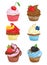 Set of cupcakes. A collection of cartoon cakes. Confectionery. Vector illustration of sweet baking.