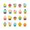 Set of cupcakes and muffins. Cute cartoon characters, emoji.