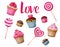 A set of cupcakes, sweets and the inscription LOVE. Collection of watercolor elements