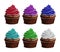 A set of cupcakes in very bright rainbow colors with multi-layered curled fruit creams. 3d vector illustration