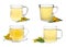 Set with cups of  aromatic celandine tea on white background