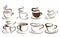 Set of cups of coffee. Collection of stylized coffee cups. Vector illustration of hot drinks. Logos for coffee shops.