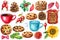 Set of cups, flowers, red berries, cones and cookies with chocolate, watercolor illustration, sweet clipart