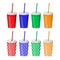 A set of cups with a straw in different colors. Soft drink cup. Plain and striped print.