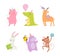 Set of cute adorable animals celebrating birthday set. Amusing piglet, crocodile, deer, bunny, hippo, monkey at party