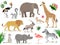 Set of cute African animals icons isolated on white background, crowned crane, lemur, elephant, giraffe, lion, antelope