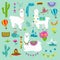Set of cute alpacas and hand drawn elements. Llamas and cacti vector illustration. Summer design elements for greeting cards, baby