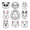 Set of cute animal faces black, white. panda, sloth, squirrel, bunny, lion, deer, dog, fox, bear. scandinavian style. design holid