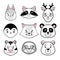 Set of cute animal faces black, white. panda, sloth, squirrel, raccoon, penguin, kitty, tiger deer, bear in scandinavian style. de