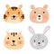 Set of cute animal faces in Scandinavian simple childish style. Sweet tiger, bear, cat, bunny portrait pack