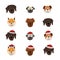 Set of cute animal heads. Dogs faces in Christmas winter hats. Labrador retriever, poodle puppy, bulldog, akita inu, pug. Vector