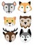 A set of cute animal muzzles. Children`s illustration - funny animals. Mouse, Dog, Cat, Deer, Owl, Fox.