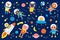 Set of cute animals astronauts, rockets, satellite, UFO, stars in space, vector illustrations in cartoon style.