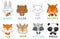 Set of cute animals Cat and squirrel, panda bear, rabbit and fox, raccoon and deer Vector illustration