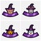 Set Cute Animals Head Character. For Logo, Icon, badge, emblem and label with Witch Hat. Bear, Donkey, Giraffe and Penguin.