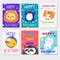 Set of cute animals poster. Cute Happy birthday greeting card for child fun cartoon style There are birthday gifts funny animals