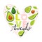Set of cute avocado fruit and trendy lettering. Stylish typography slogan design `Avocado love` sign.