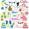 set of cute baby badges for congratulations on the birth of boy or girl. Items and accessories for newborns, clothes, toys,
