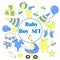 set of cute baby badges for newborns. The birth of boy. The first details of the children\\\'s wardrobe for boys, items and