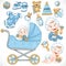 Set of cute baby, blue baby toys, baby carriage, objects, clothes and things