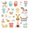 Set of cute baby nutrition and care icons flat vector illustration isolated.