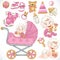 Set of cute baby, pink baby toys, baby carriage, objects, clothes and things