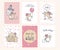 Set of cute baby shower cards with funny mice characters and holiday elements: air balloon, gift boxes, candles.