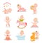 Set of a cute baby in underpants with different situations. Vector illustration in flat cartoon style.