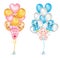 Set of cute balloons for baby shower. Baby footprints, baby boy, baby pacifier, heart balloons and balloons with confetti. Vector