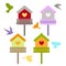 Set of cute birdhouses and birds on white background